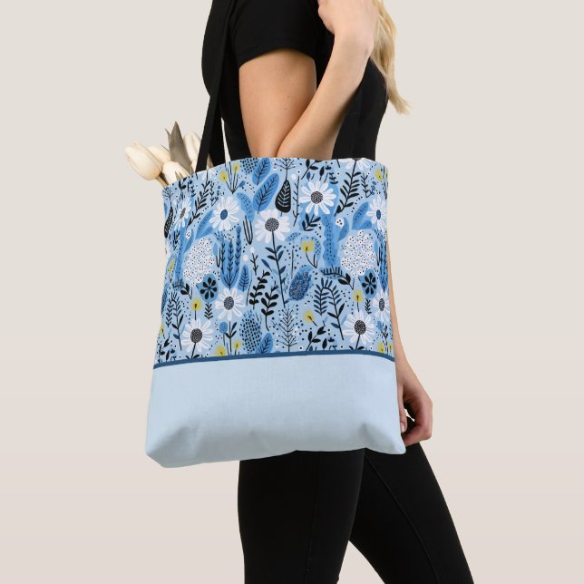 Blue and White Daisies and Leaves, Colour Block Tote Bag (Close Up)