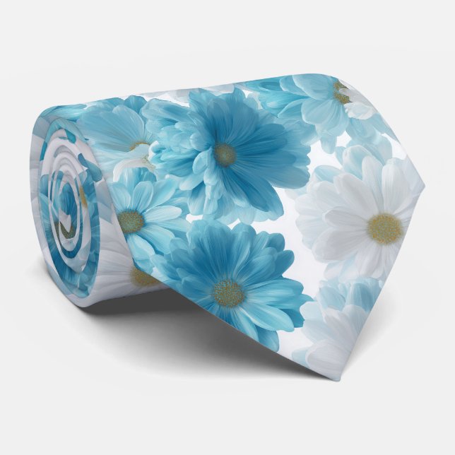 Blue and White Daisy Floral Pattern Tie (Rolled)