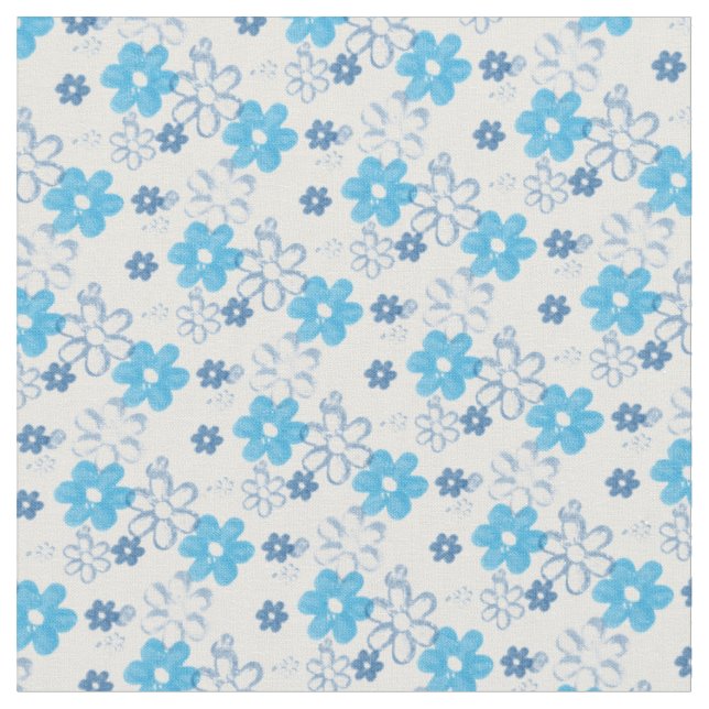 Blue and White Daisy Flowers Pretty Floral Fabric (Close Up)