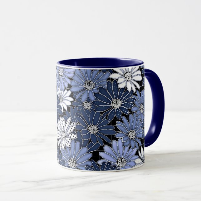Blue and white daisy pattern mug (Front Right)