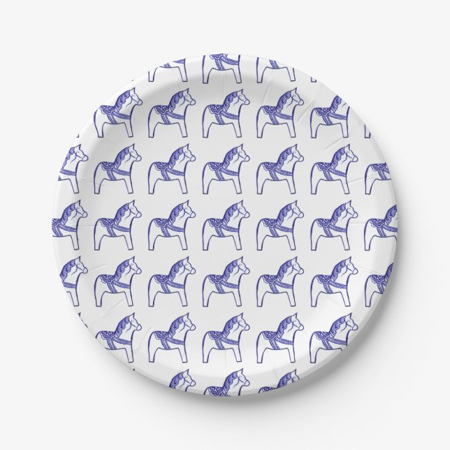Blue and White Dala Horse Paper Plate (Front)