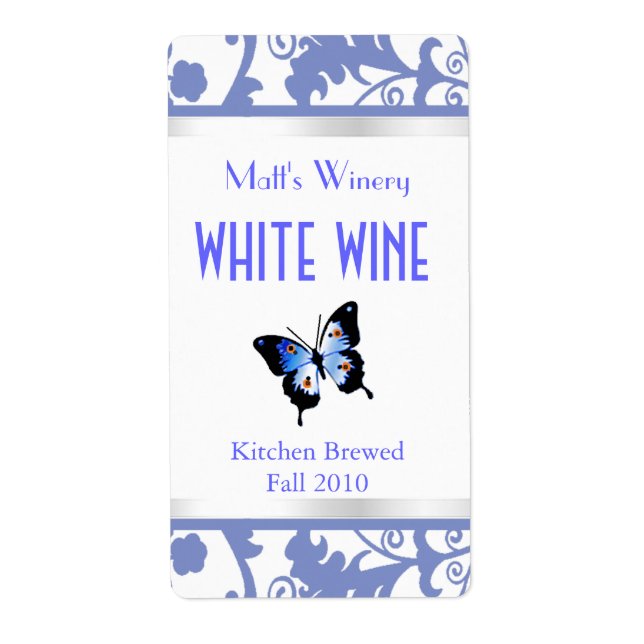 Blue and White Damask and Butterfly Wine Labels (Front)