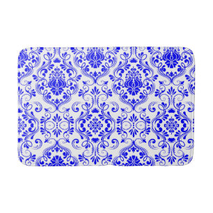 Blue and White Damask Floral Pattern Elegant  Bath Mat