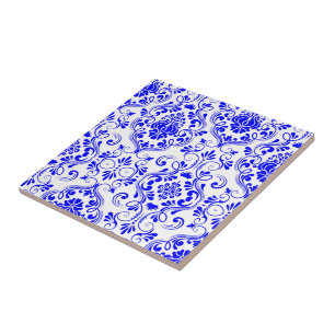 Blue and White Damask Floral Pattern Elegant Ceramic Tile