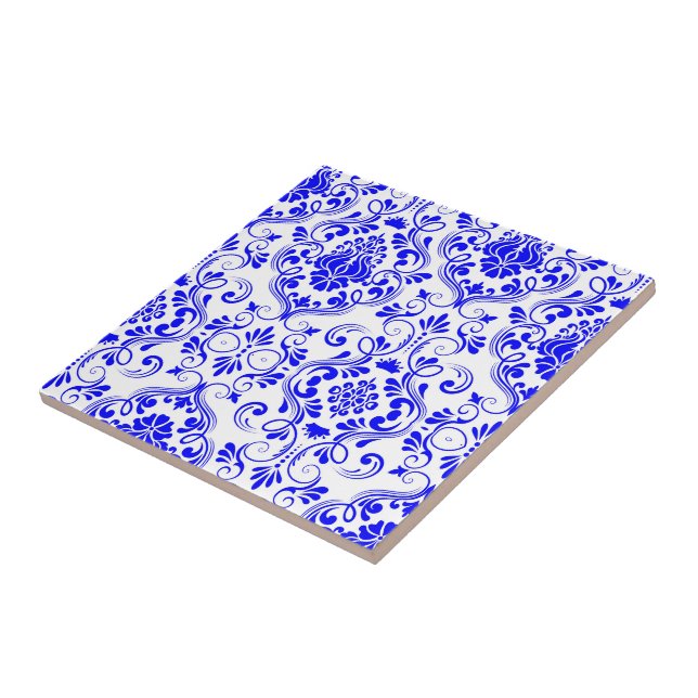 Blue and White Damask Floral Pattern Elegant  Ceramic Tile (Side)