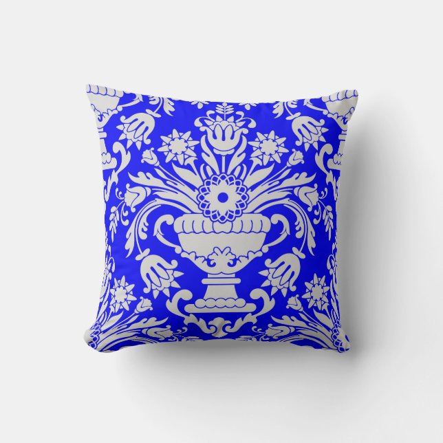 Blue and White Damask Floral Pattern Elegant  Cushion (Front)