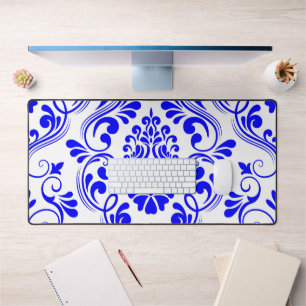 Blue and White Damask Floral Pattern Elegant Desk Mat