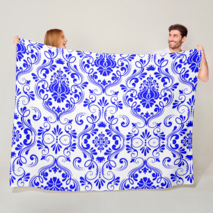 Blue and White Damask Floral Pattern Elegant Fleece Blanket