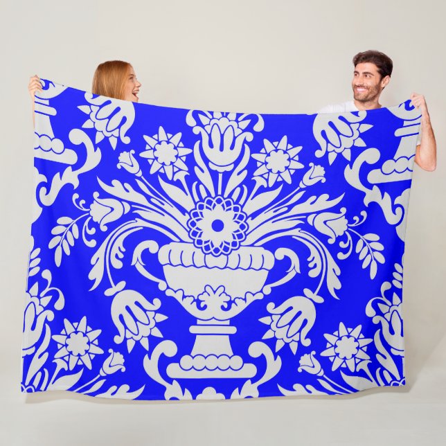 Blue and White Damask Floral Pattern Elegant  Fleece Blanket (In Situ)