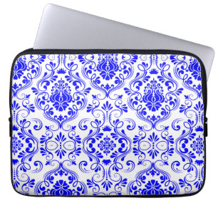 Blue and White Damask Floral Pattern Elegant Laptop Sleeve