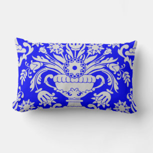 Blue and White Damask Floral Pattern Elegant  Lumbar Cushion