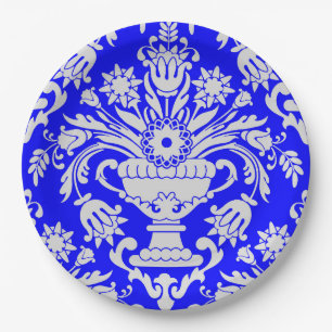 Blue and White Damask Floral Pattern Elegant Paper Plate