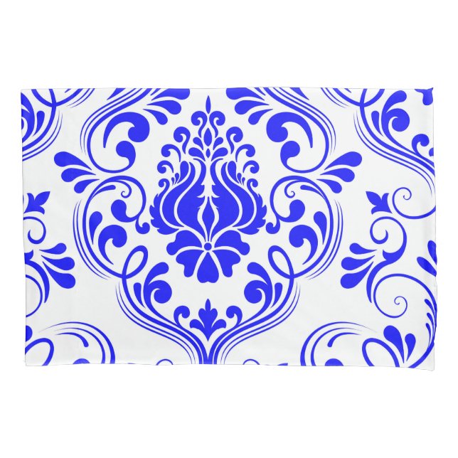 Blue and White Damask Floral Pattern Elegant Pillowcase (Front)