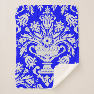 Blue and White Damask Floral Pattern Elegant Sherpa Blanket