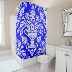 Blue and White Damask Floral Pattern Elegant  Shower Curtain