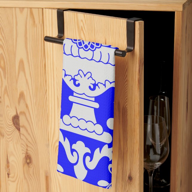 Blue and White Damask Floral Pattern Elegant  Tea Towel (Thirds Fold)