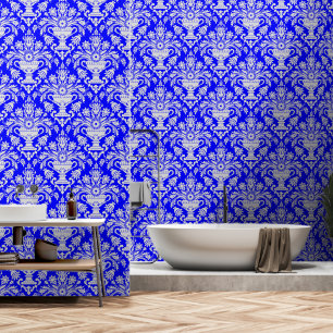 Blue and White Damask Floral peel and stick Wallpaper