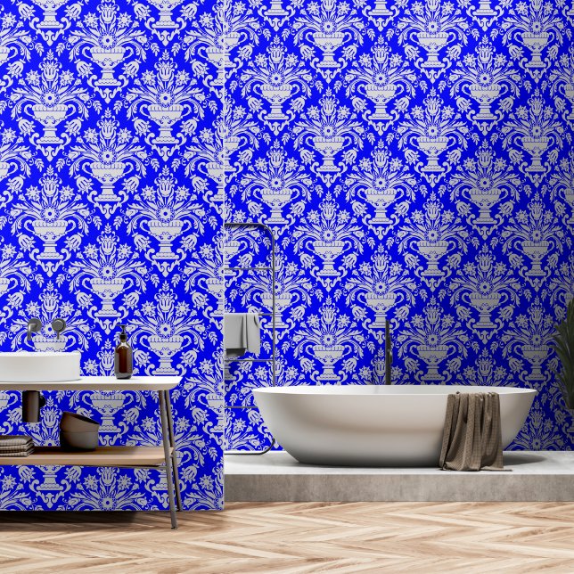 Blue and White Damask Floral peel and stick Wallpaper (Bathroom)