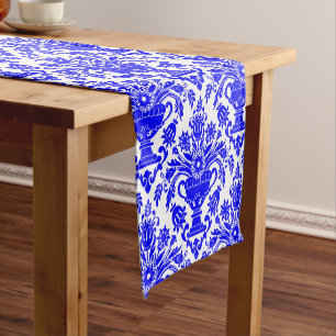 Blue and White Damask Floral Short Table Runner