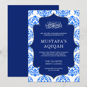 Blue and White Damask Islamic Aqiqah Ceremony Invitation