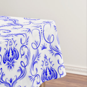 Blue and White damask mediaeval cotton dining Tablecloth