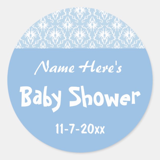 Blue and White Damask Pattern, Custom Baby Shower Classic Round Sticker (Front)