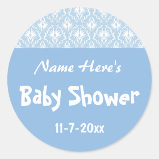 Blue and White Damask Pattern, Custom Baby Shower Classic Round Sticker