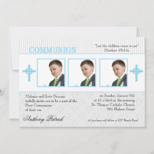 Blue and White Damask Photo Communion Invitation