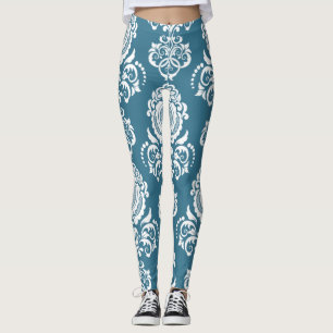 Blue and White Damask Print Leggings