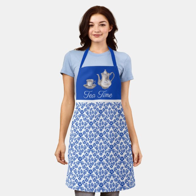Blue and White Damask with Tea Pot and Cup Apron (Worn)