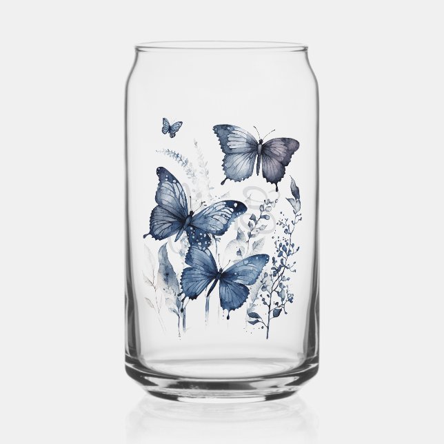 Blue and white Delft art butterflies with flowers Can Glass (Front)