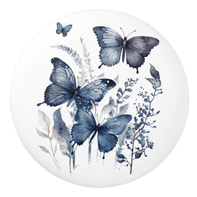 Blue and white Delft art butterflies with flowers Ceramic Knob (Front)