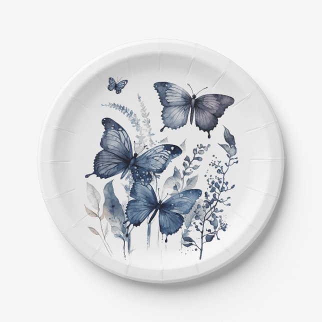Blue and white Delft art butterflies with flowers  Paper Plate (Front)