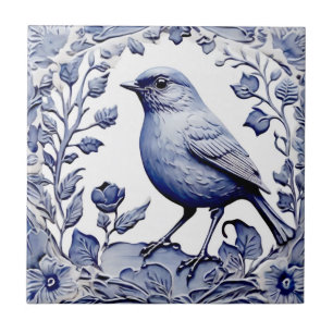Blue and White Delft Bird Botanical Floral Ceramic Tile