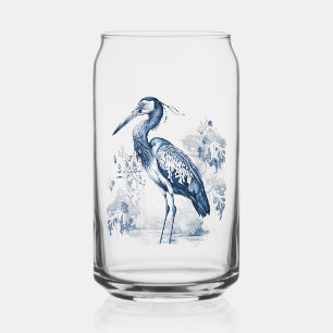 Blue and white Delft style art heron with flowers Can Glass