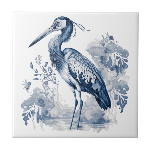 Blue and white Delft style art heron with flowers Ceramic Tile (Front)