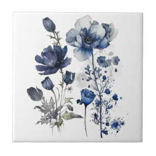 Blue and white Delft style art with wildflowers Ceramic Tile