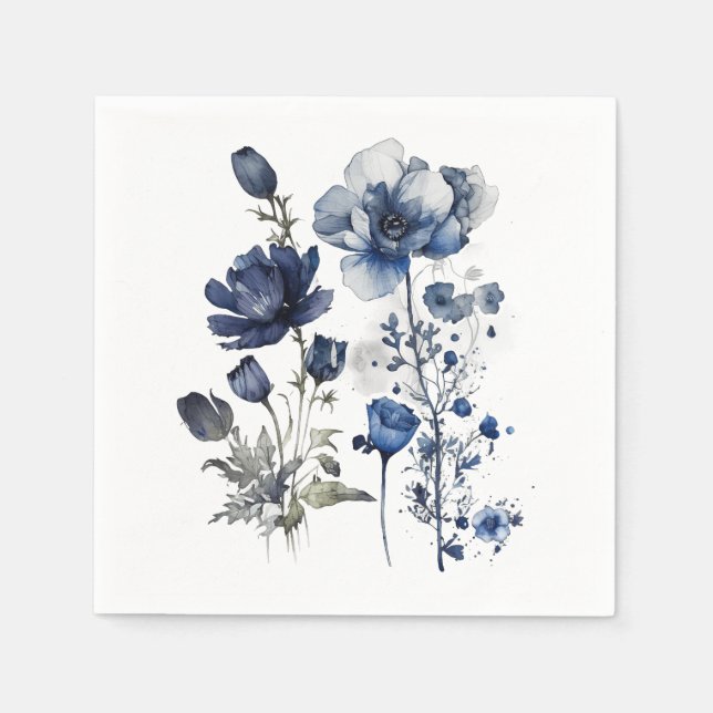 Blue and white Delft style art with wildflowers Napkin (Front)