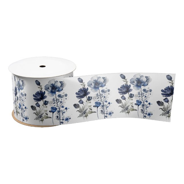 Blue and white Delft style art with wildflowers Satin Ribbon (Spool)