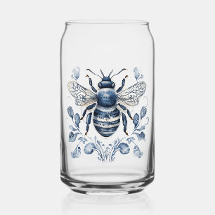 Blue and white Delft style bee design with flowers Can Glass