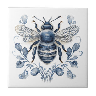 Blue and white Delft style bee design with flowers Ceramic Tile