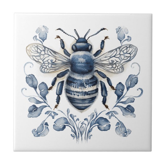 Blue and white Delft style bee design with flowers Ceramic Tile (Front)