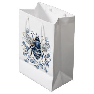 Blue and white Delft style bee design with flowers Medium Gift Bag