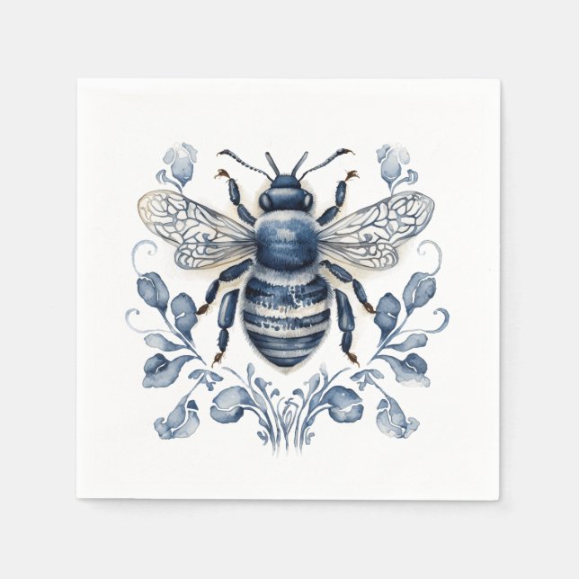 Blue and white Delft style bee design with flowers Napkin (Front)