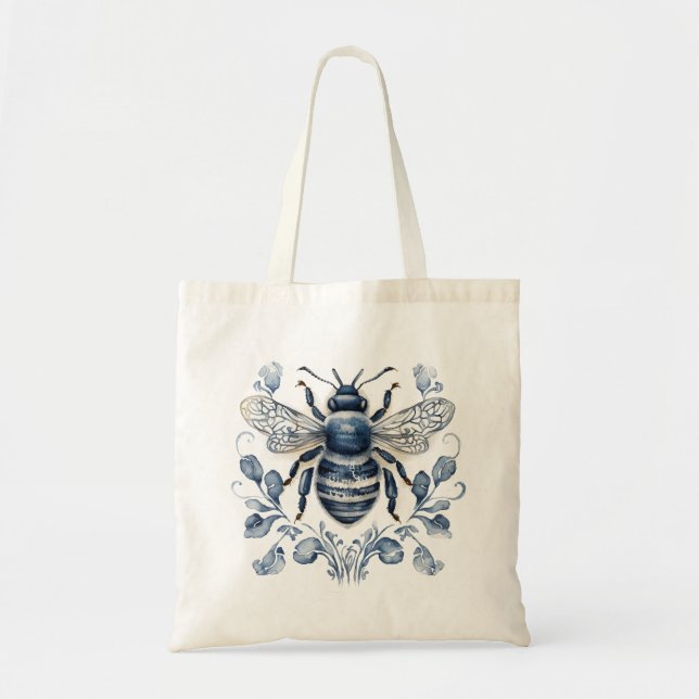 Blue and white Delft style bee design with flowers Tote Bag (Front)