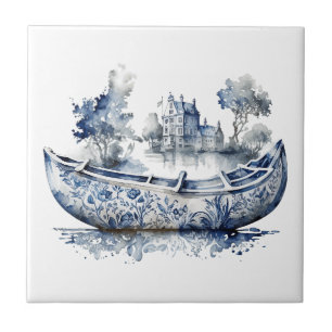 Blue and white Delft style boat with village scene Ceramic Tile