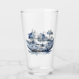 Blue and white Delft style boat with village scene Glass