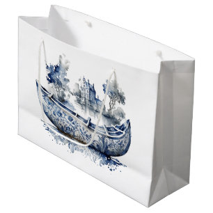 Blue and white Delft style boat with village scene Large Gift Bag