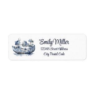 Blue and white Delft style boat with village scene Return Address Label