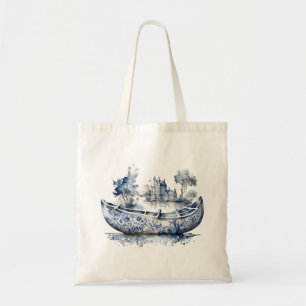 Blue and white Delft style boat with village scene Tote Bag